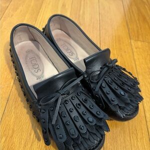 Tod's Black Leather Fringe Loafers